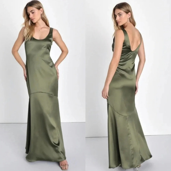 Lulus Dresses & Skirts - Lulus Enchanting Sophistication Olive Green Satin Mermaid Maxi Dress Party
